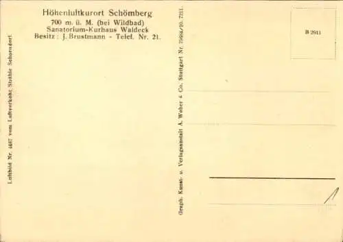 Ak Schömberg im Zollernalbkreis, Fliegeraufnahme, Sanatorium Kurhaus Waldeck, Inh.: J. Brustmann