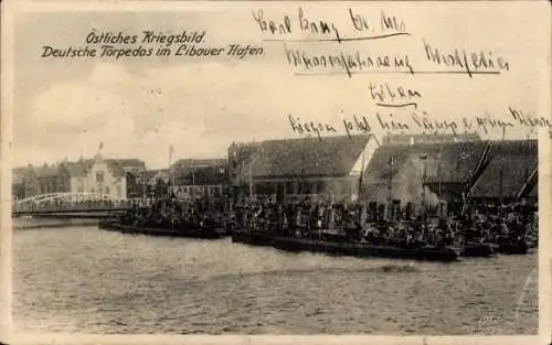 Ak Liepaja Libau Lettland, deutsche Torpedoboote im Hafen, 1. WK, Kaiserliche Marine