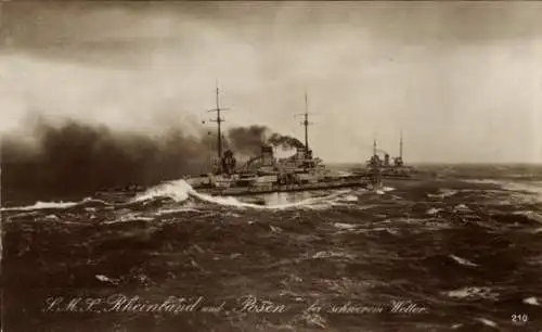 Ak Deutsche Kriegsschiffe, SMS Rheinland, SMS Posen, Schweres Wetter, Kaiserliche Marine