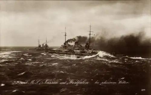 Ak Deutsche Kriegsschiffe, SMS Nassau, SMS Westfalen, Schweres Wetter, Kaiserliche Marine