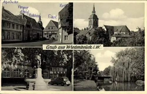 Ak Rheda Wiedenbrück in Westfalen, Denkmal, Kirche, Fachwerkhaus