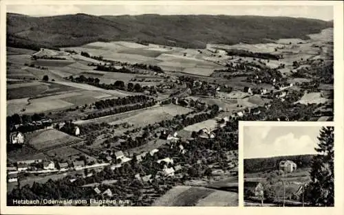 Ak Hetzbach Oberzent im Odenwald, Luftaufnahme, Gasthaus zum Bahnhof