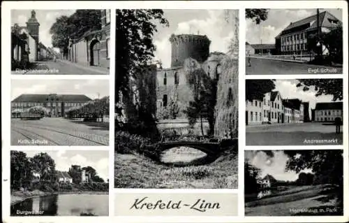 Ak Linn Krefeld am Niederrhein, Burg, Evang. und kath. Schule, Rheinbabenstraße, Andreasmarkt