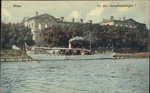 Ak Jelgava Mitau Lettland, Bei den Dampfbootstegen, Dampfer