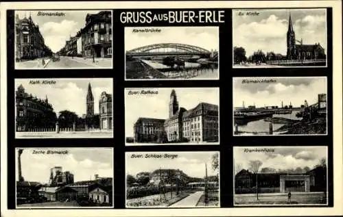 Ak Buer Erle Gelsenkirchen Ruhrgebiet, Kirchen, Rathaus, Zeche, Krankenhaus, Kanalbrücke, Hafen