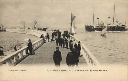 Ak Ostende Westflandern, Pier, Fähre, Segelboote