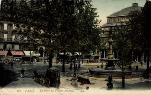 Ak Paris I Louvre, La Place du Theatre Francais, Brunnen