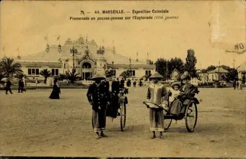 Ak Marseille Bouches du Rhône, Exposition Coloniale, Promenade en pousse-pousse sur l'Esplanade