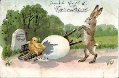 Litho Glückwunsch Ostern, Küken ist geschlüpft, Osterhase, Schubkarre