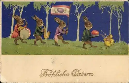 Ak Glückwunsch Ostern, Musizierende Osterhasen, Küken, Osterei