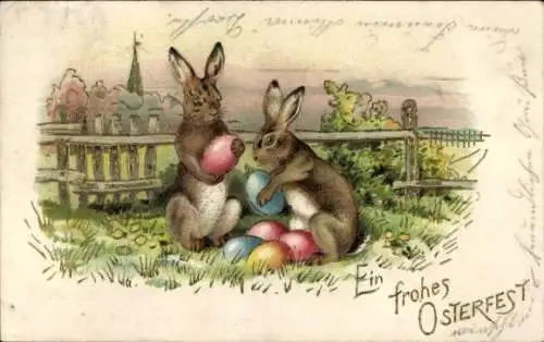 Präge Litho Glückwunsch Ostern, Osterhasen, Ostereier