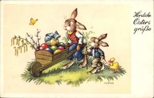 Künstler Ak Niko, Glückwunsch Ostern, Osterhasen, Ostereier, Schubkarre