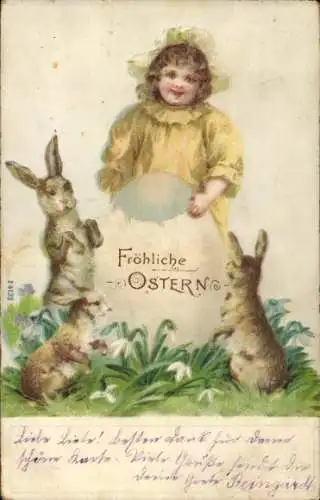 Litho Glückwunsch Ostern, Mädchen, Osterei, Osterhasen