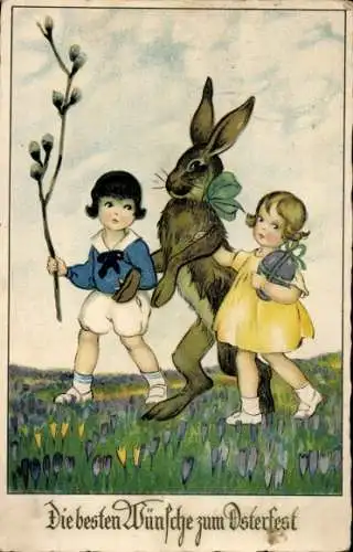 Ak Glückwunsch Ostern, Osterhase mit zwei Kindern, Osterei, Weidenkätzchen