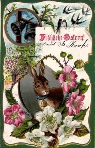 Präge Ak Glückwunsch Ostern, Osterhase, Glocken, Blumen, Schwalben