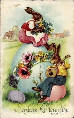 Ak Glückwunsch Ostern, Osterei, Osterhase spielt Laute, Weidenkätzchen