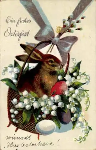 Ak Glückwunsch Ostern, Osterhase, Maiglöckchen, Korb, Ostereier, Schleife, Weidenkätzchen