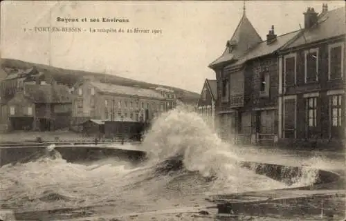 Ak Port en Bessin Calvados, La tempete du fevrier 1905, Sturm, Brandungswelle