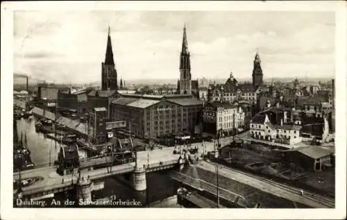 Ak Duisburg im Ruhrgebiet, Teilansicht, Schwanentorbrücke, Kirchtürme