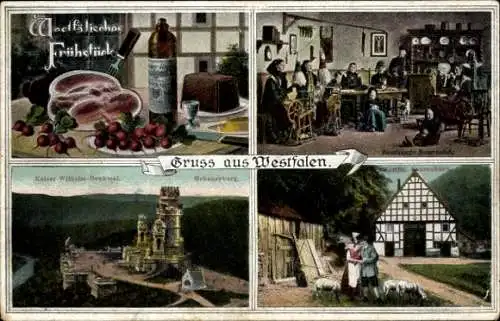 Ak Gruß aus Westfalen, Westfälisches Frühstück, Kaiser Wilhelm Denkmal, Hohensyburg, Westfalenlied