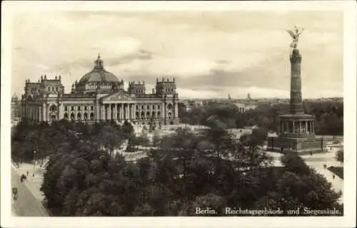 Ak Berlin Tiergarten, Siegessäule, Reichstagsgebäude