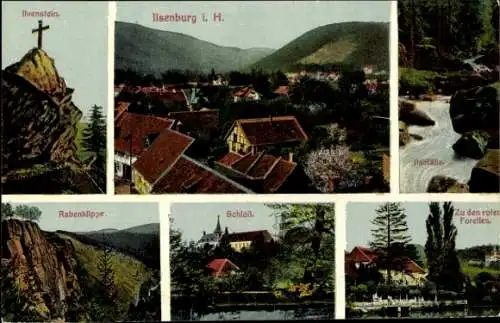 Ak Ilsenburg im Harz, Ilsenstein, Rabenklippe, Schloss, Zu den roten Forellen