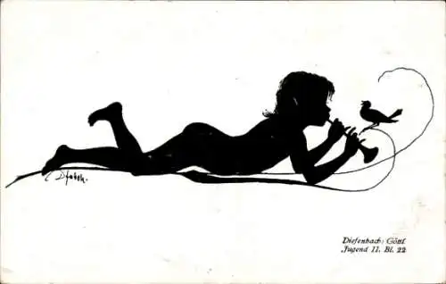 Scherenschnitt Künstler Ak Diefenbach, Göttliche Jugend 2, Teilbild 22, Kind spielt Musikinstrument