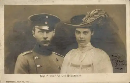 Ak Kronprinz Wilhelm von Preußen, Kronprinzessin Cecilie, Portrait als Brautpaar