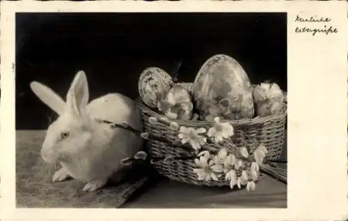 Ak Glückwunsch Ostern, Korb, Osterhase, Ostereier, Weidenkätzchen