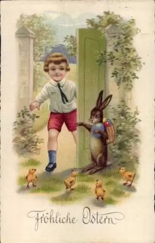 Ak Glückwunsch Ostern, Osterhase mit Ostereiern, Küken, Junge