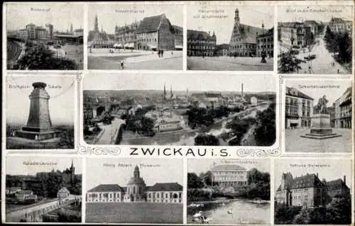 Ak Zwickau in Sachsen, Bahnhof, Hauptmarkt, Stadttheater, Schlösser, Museum, Denkmal