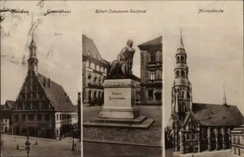 Ak Zwickau in Sachsen, Gewandhaus, Robert-Schumann-Denkmal, Marienkirche