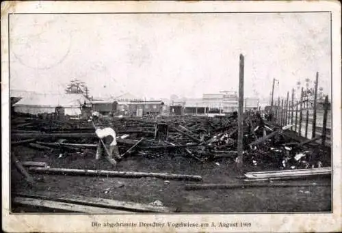 Ak Dresden Altstadt Johannstadt, abgebrannter Festplatz Vogelwiese, 1909