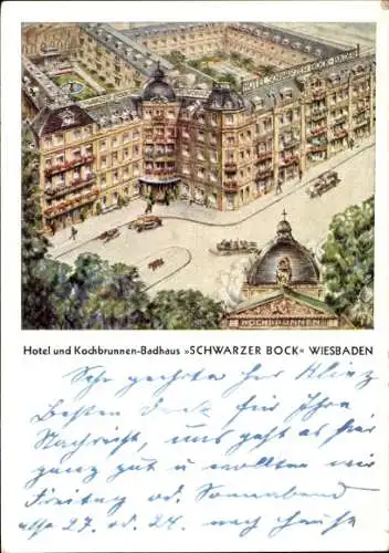 Ak Wiesbaden in Hessen, Hotel und Kochbrunnen-Badhaus Schwarzer Bock