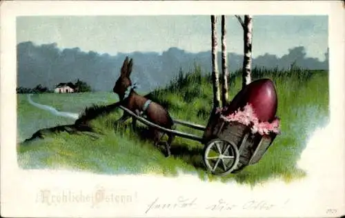 Ak Glückwunsch Ostern, Osterhase, Karre, Osterei