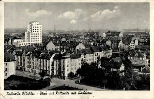 Ak Katowice Kattowitz Oberschlesien, Blick auf Kattowitz mit Hochhaus