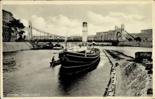 Ak Wrocław Breslau Schlesien, Freiheitsbrücke, Dampfer, Anlegestelle