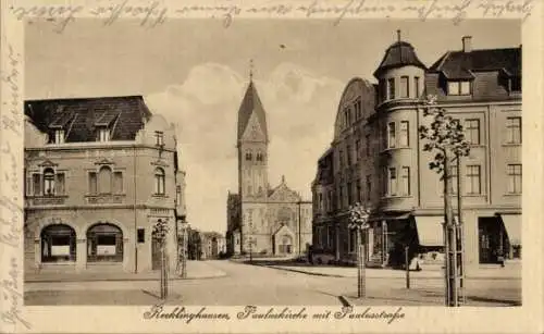 Ak Recklinghausen im Ruhrgebiet, Pauluskirche mit Paulusstraße, Geschäfte