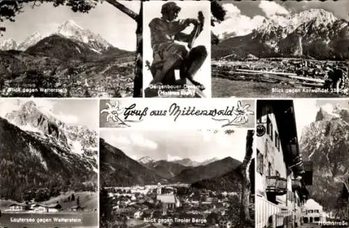 Ak Mittenwald in Oberbayern, Panorama, Hochstraße, Lautersee, Geigenbauer-Denkmal