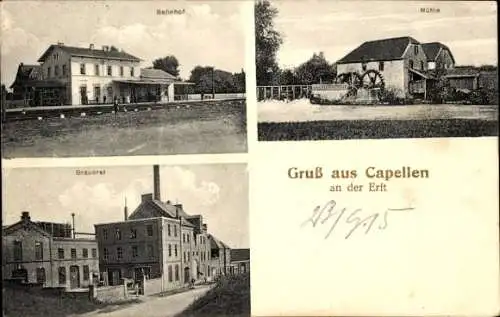 Ak Capellen an der Erft Kapellen Grevenbroich, Bahnhof, Mühle, Brauerei