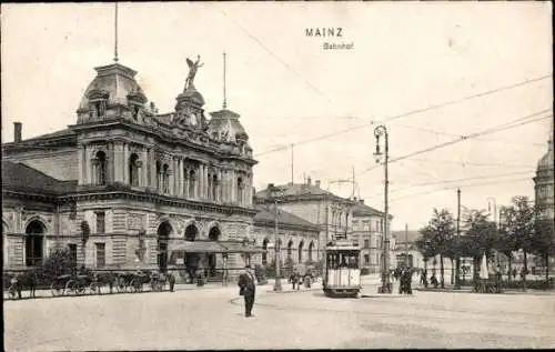 Ak Mainz am Rhein, Bahnhof, Straßenbahn