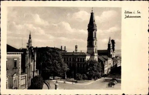 Ak Zittau in der Oberlausitz, Johanneum, Turm, Straßenpartie