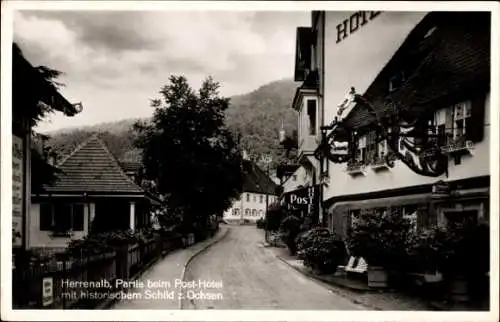 Ak Bad Herrenalb im Schwarzwald, Post Hotel mit historischem Schild zum Ochsen