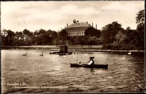 Ak Zwickau in Sachsen, Schwanenteich mit Schwanenschlösschen, Ruderboot, Windrad