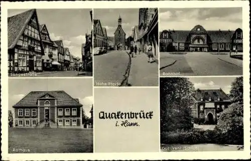 Ak Quakenbrück in Niedersachsen, Hohe Pforte, Bahnhof, Langestraße, Rathaus, Gut Vehr, Schloss