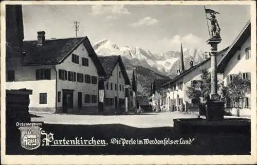 Ak Garmisch Partenkirchen in Oberbayern, Ortswappen, Werdenfelser Land, Teilansicht