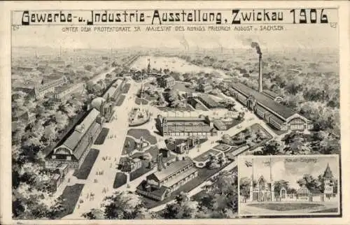 Ak Zwickau in Sachsen, Gewerbeausstellung 1906, Haupteingang, Gelände aus Vogelschau