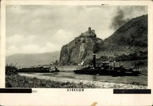 Ak Strekov Schreckenstein Ústí nad Labem Aussig Elbe Stadt, Dampfer, Burg