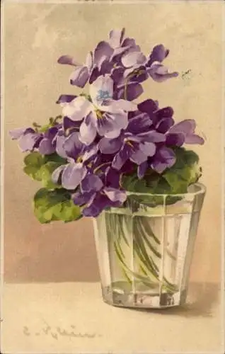 Künstler Ak Catharina Klein, Violette Blumen im Glas, Veilchen