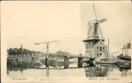 Ak Haarlem Nordholland Niederlande, Brücke, Windmühle de Adriaan